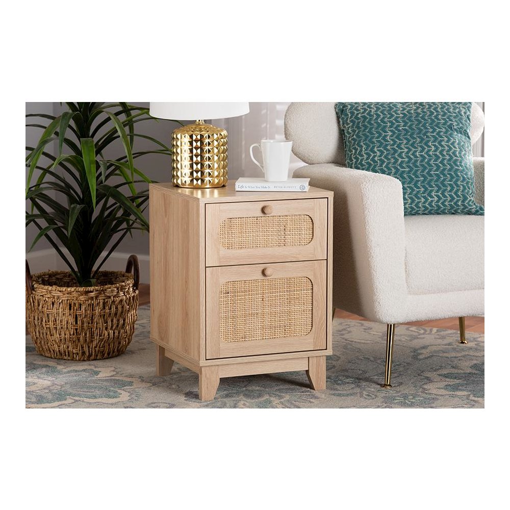 Light Brown Finished Wood and Natural Rattan 1-Drawer End Table. Picture 21