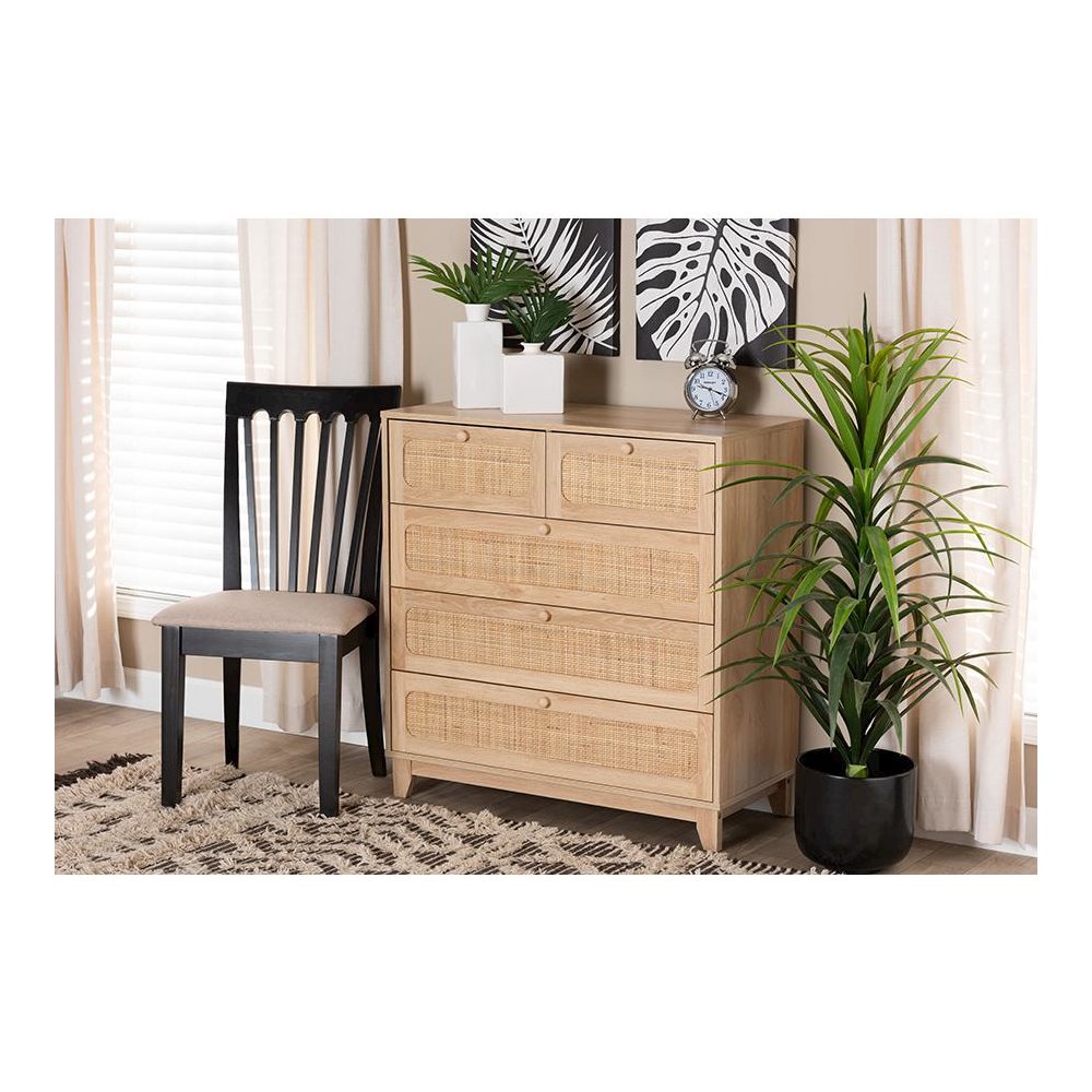Oak Brown Finished Wood and Natural Rattan 5-Drawer Storage Cabinet. Picture 21