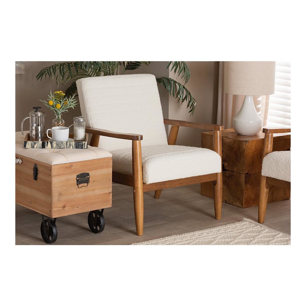 Cream Boucle Fabric and Walnut Brown Finished Wood Armchair. Picture 21