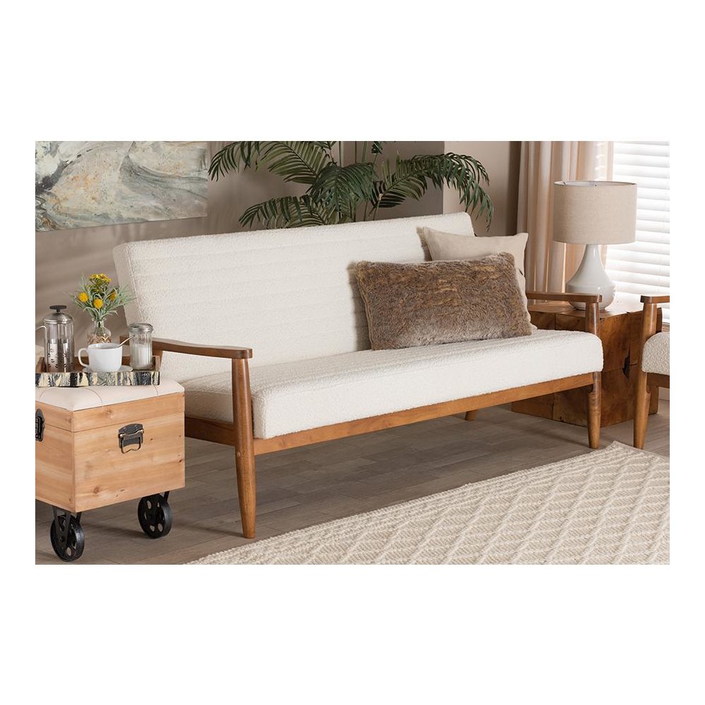 Cream Boucle Fabric and Walnut Brown Finished Wood Sofa. Picture 21