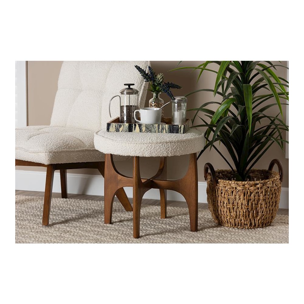 Cream Boucle Fabric and Walnut Brown Finished Rubberwood Ottoman Footstool. Picture 15