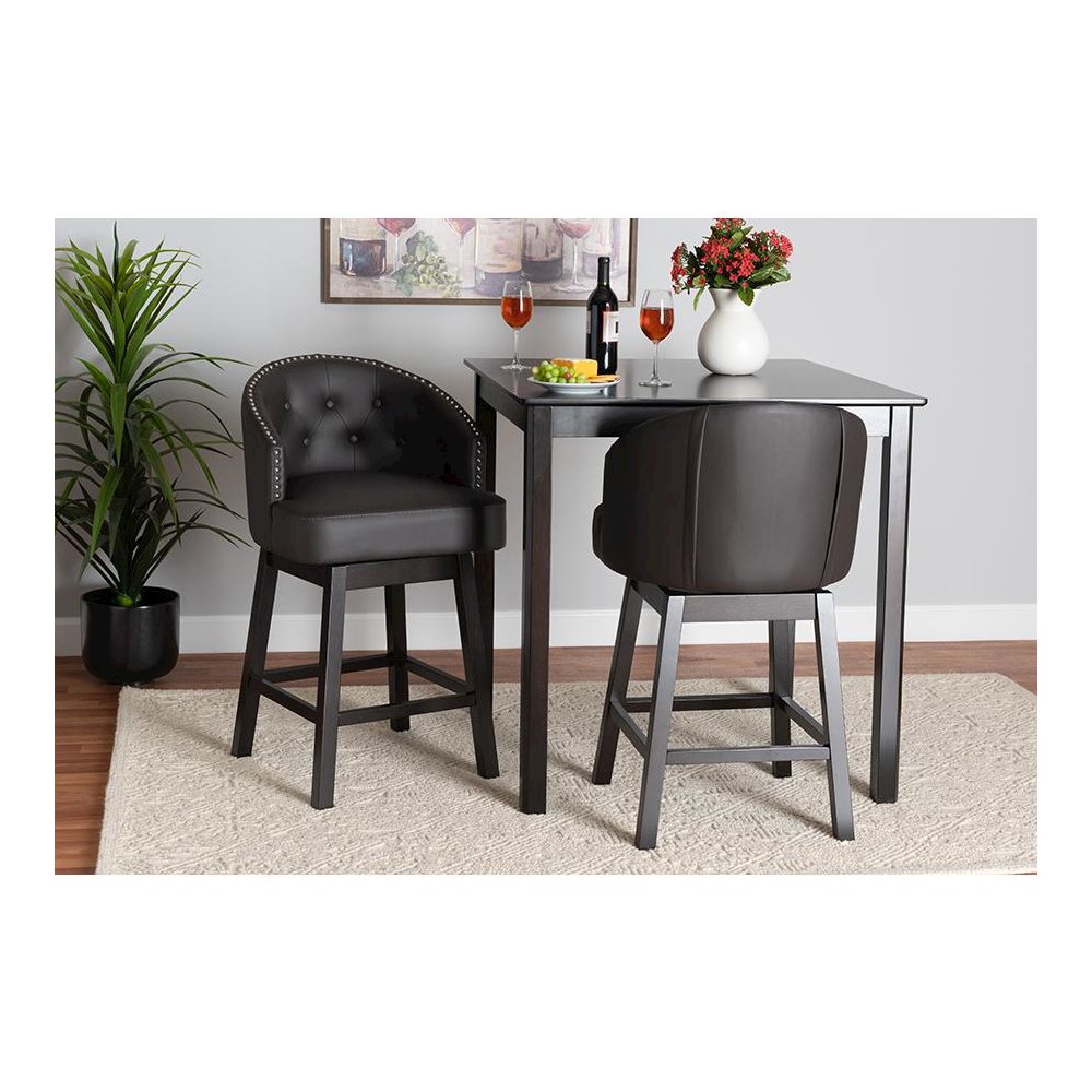 Leather and Espresso Brown Finished Wood 2-Piece Swivel Counter Stool Set. Picture 19
