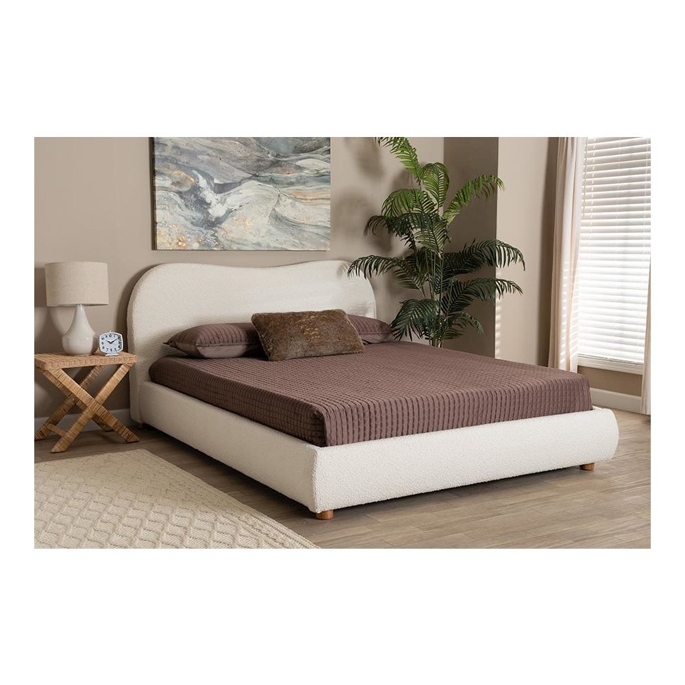 Cream Boucle Fabric and Oak Brown Finished Wood Queen Size Platform Bed. Picture 19
