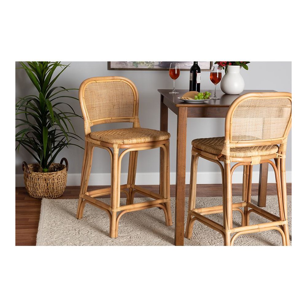 bali & pari Adrena Modern Bohemian Natural Brown Rattan Counter Stool. Picture 21
