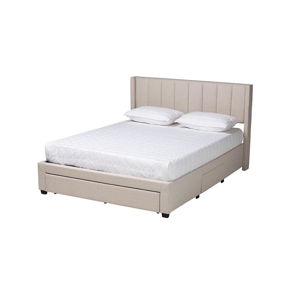 Transitional Beige Fabric Queen Size 3-Drawer Storage Platform Bed. Picture 1