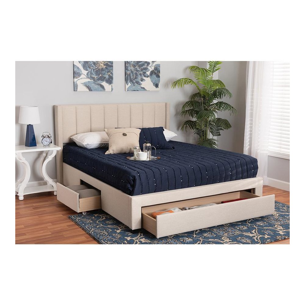 Transitional Beige Fabric Queen Size 3-Drawer Storage Platform Bed. Picture 11