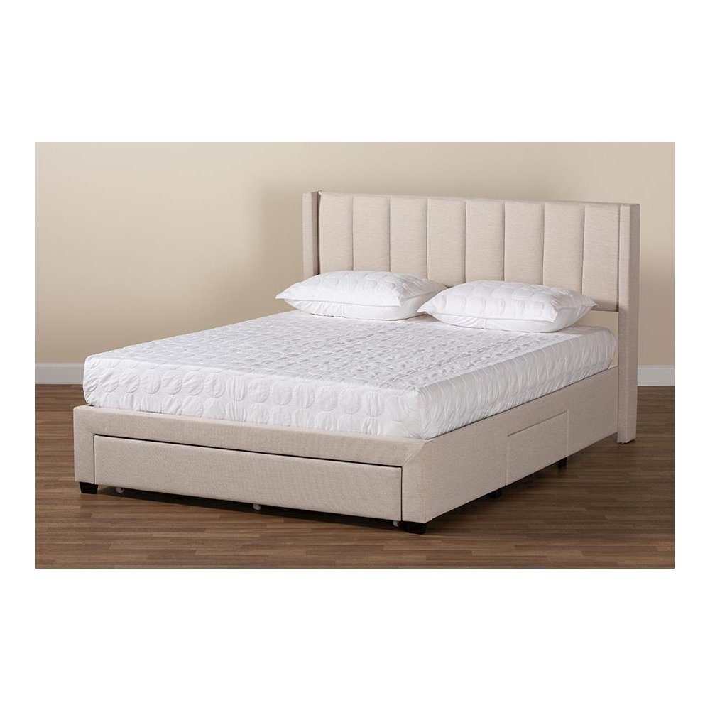 Transitional Beige Fabric Queen Size 3-Drawer Storage Platform Bed. Picture 12