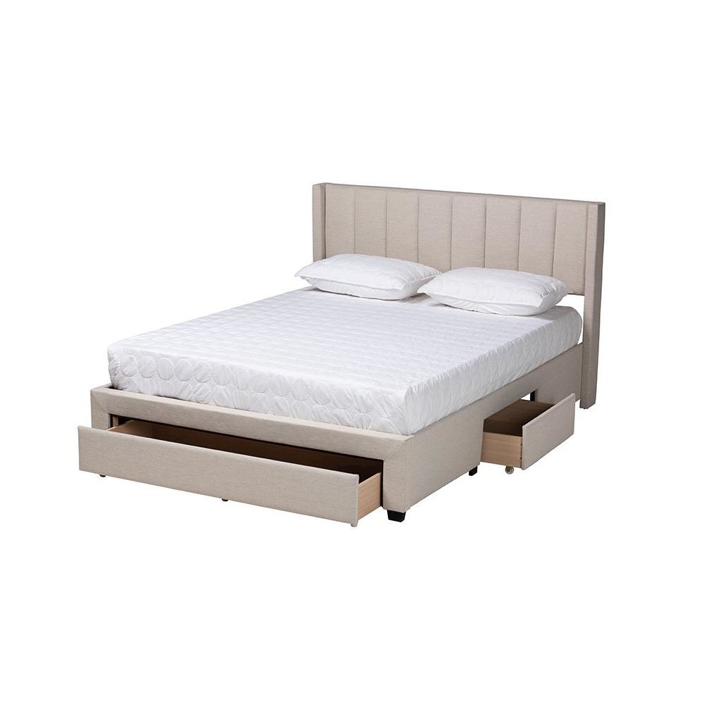 Transitional Beige Fabric Queen Size 3-Drawer Storage Platform Bed. Picture 2