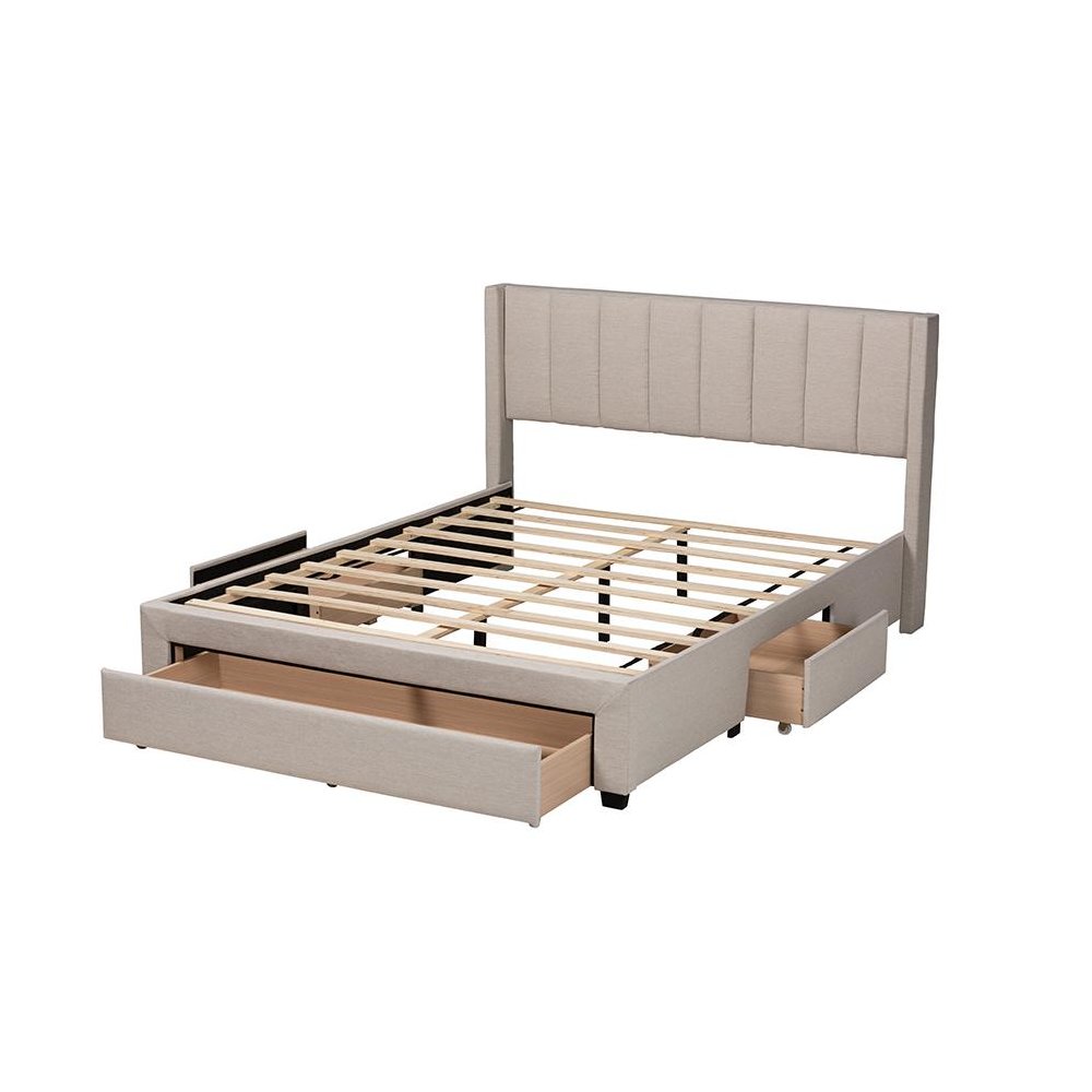 Transitional Beige Fabric Queen Size 3-Drawer Storage Platform Bed. Picture 5