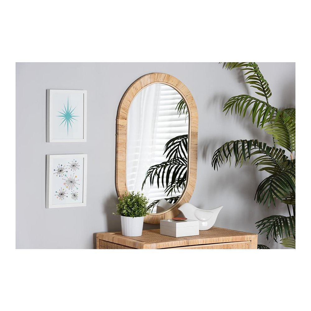 Modern Bohemian Natural Brown Mahogany Wood and Natural Rattan Oval Mirror. Picture 9