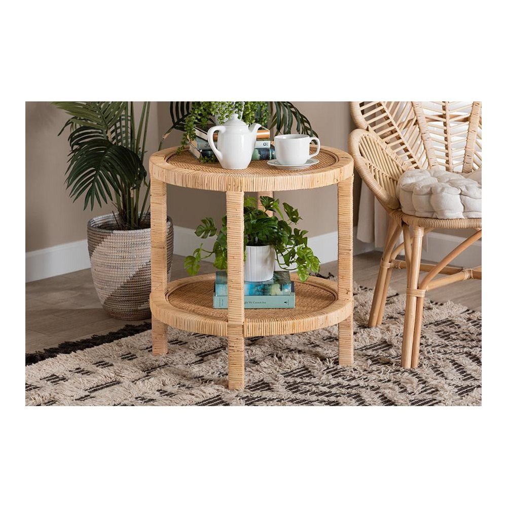 Bohemian Natural Brown Mahogany Wood and Natural Rattan 2-Tier End Table. Picture 17