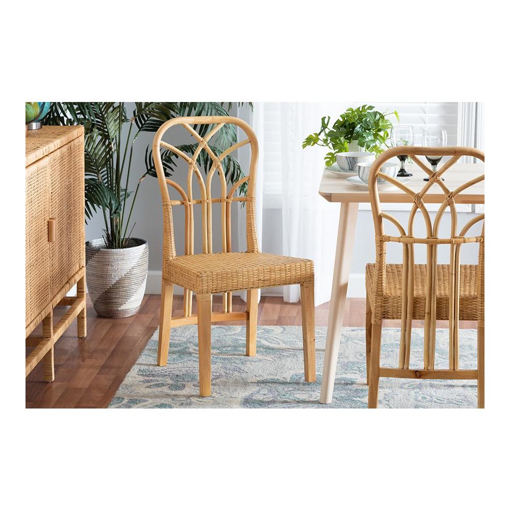 Bohemian Oak Brown Finished Mahogany Wood and Natural Rattan Dining Chair. Picture 21