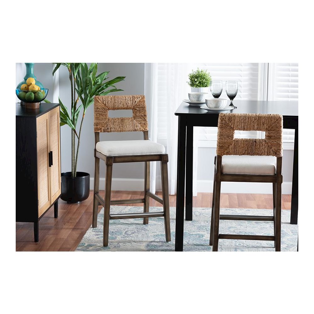 Bohemian Dark Brown Finished Mahogany Wood and Natural Rattan Counter Stool. Picture 21