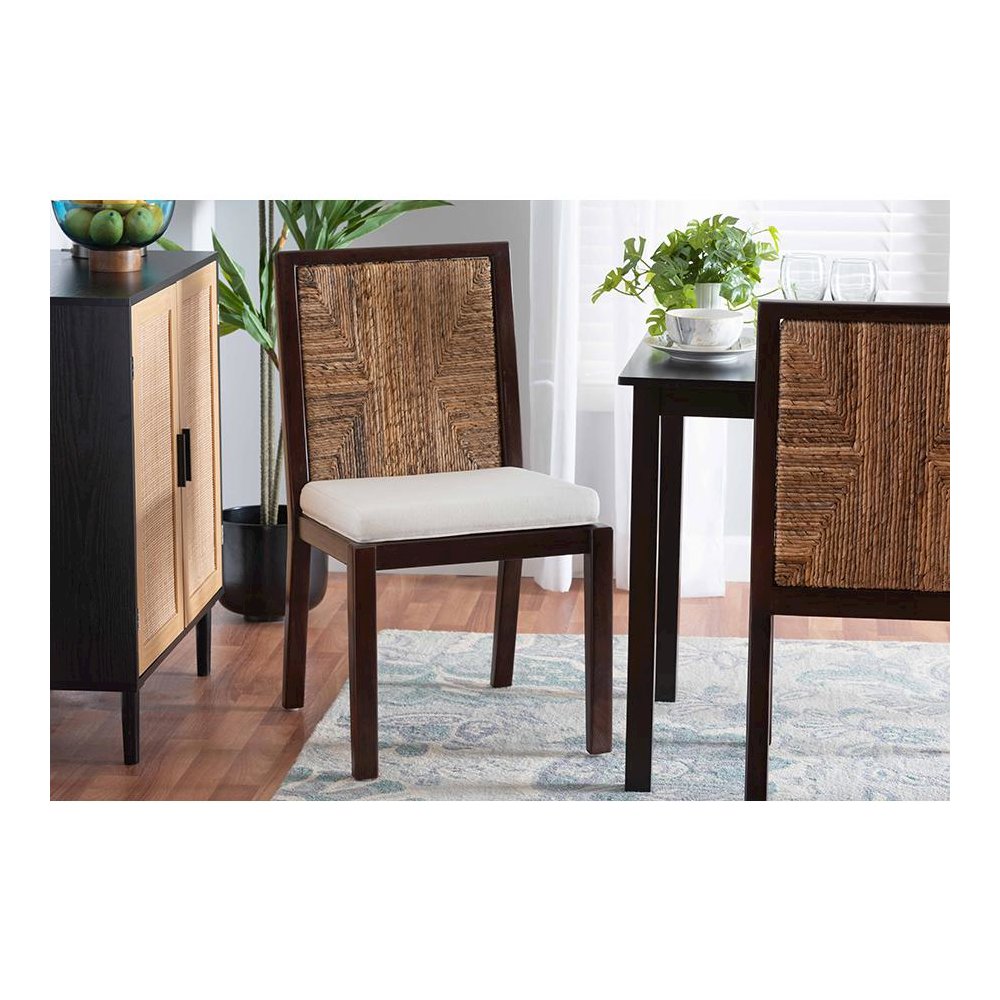 Bohemian Dark Brown Mahogany Wood and Natural Seagrass Dining Side Chair. Picture 21
