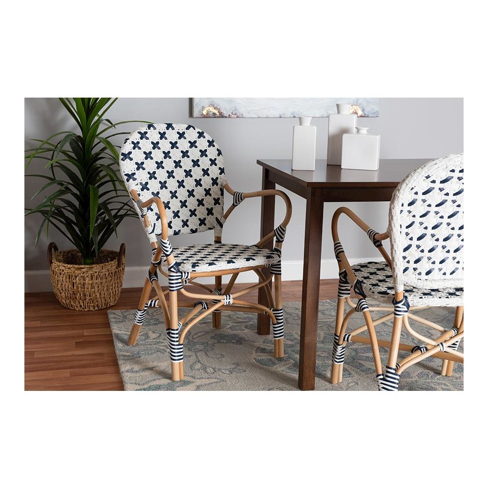 French Blue and White Weaving and Natural Rattan Bistro Chair. Picture 21