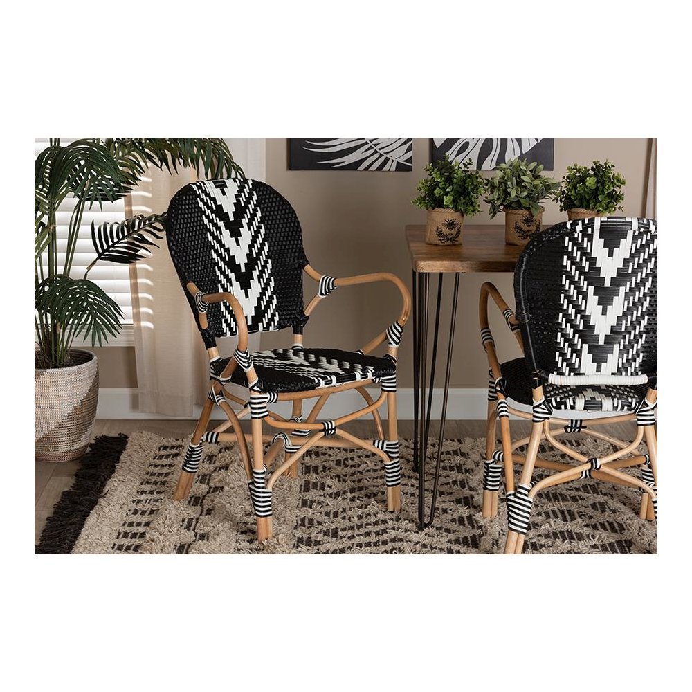 French Two-Tone Black and White Weaving and Natural Rattan Indoor Dining Chair. Picture 21