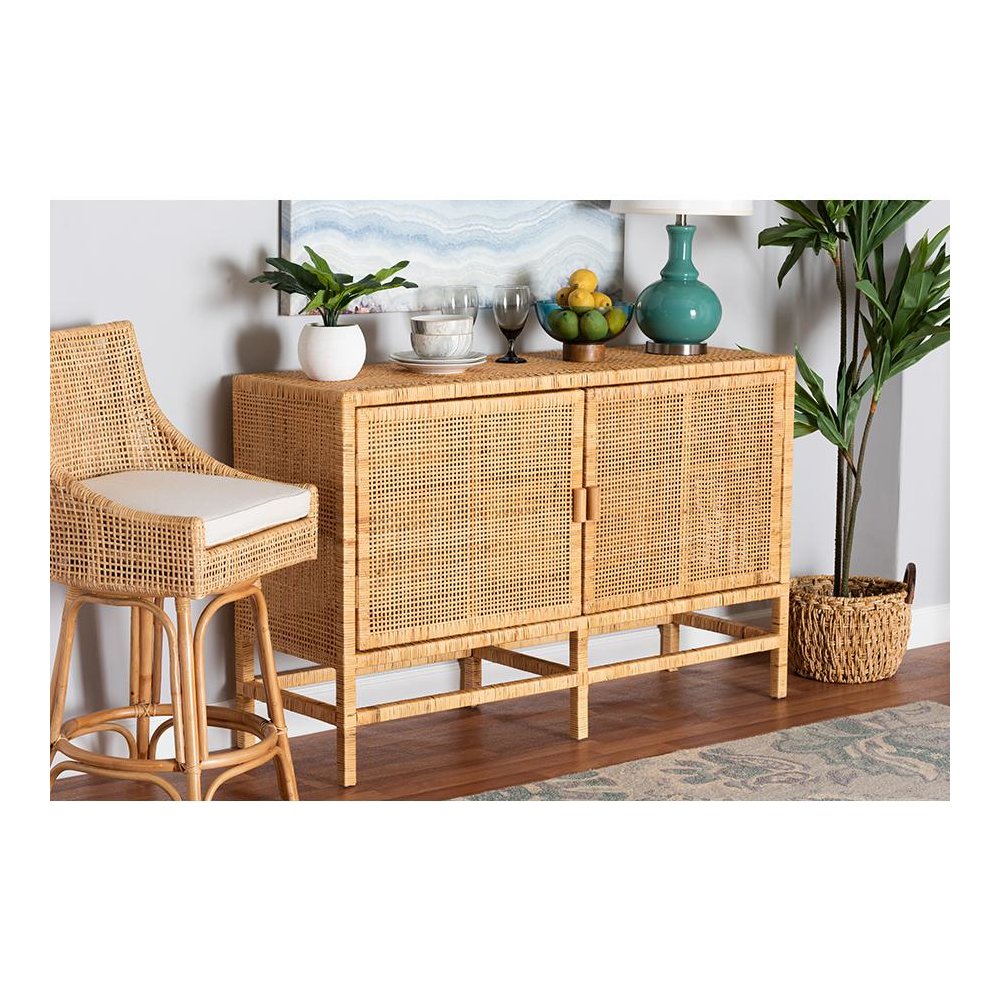 Bohemian Natural Brown Rattan and Mahogany Wood Storage Cabinet. Picture 23