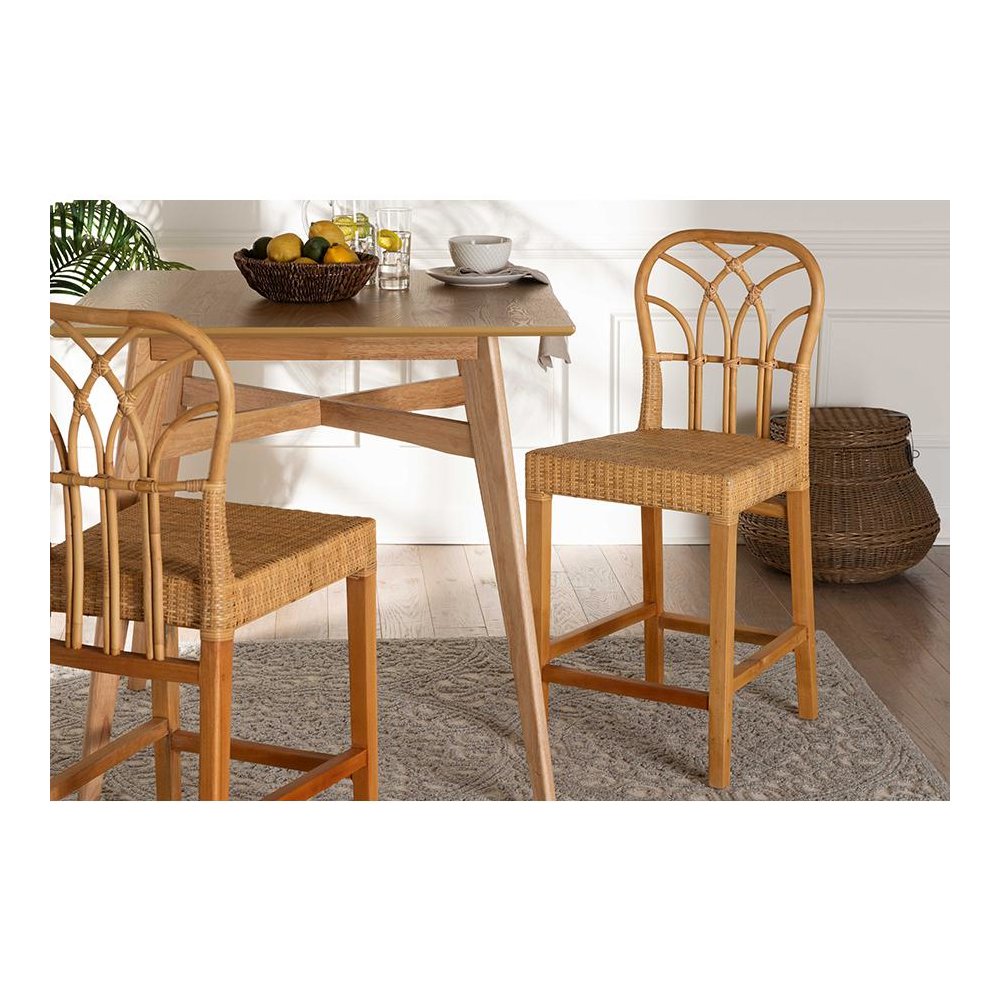 Monaco Modern Bohemian Natural Rattan and Mahogany Wood Counter Stool. Picture 21