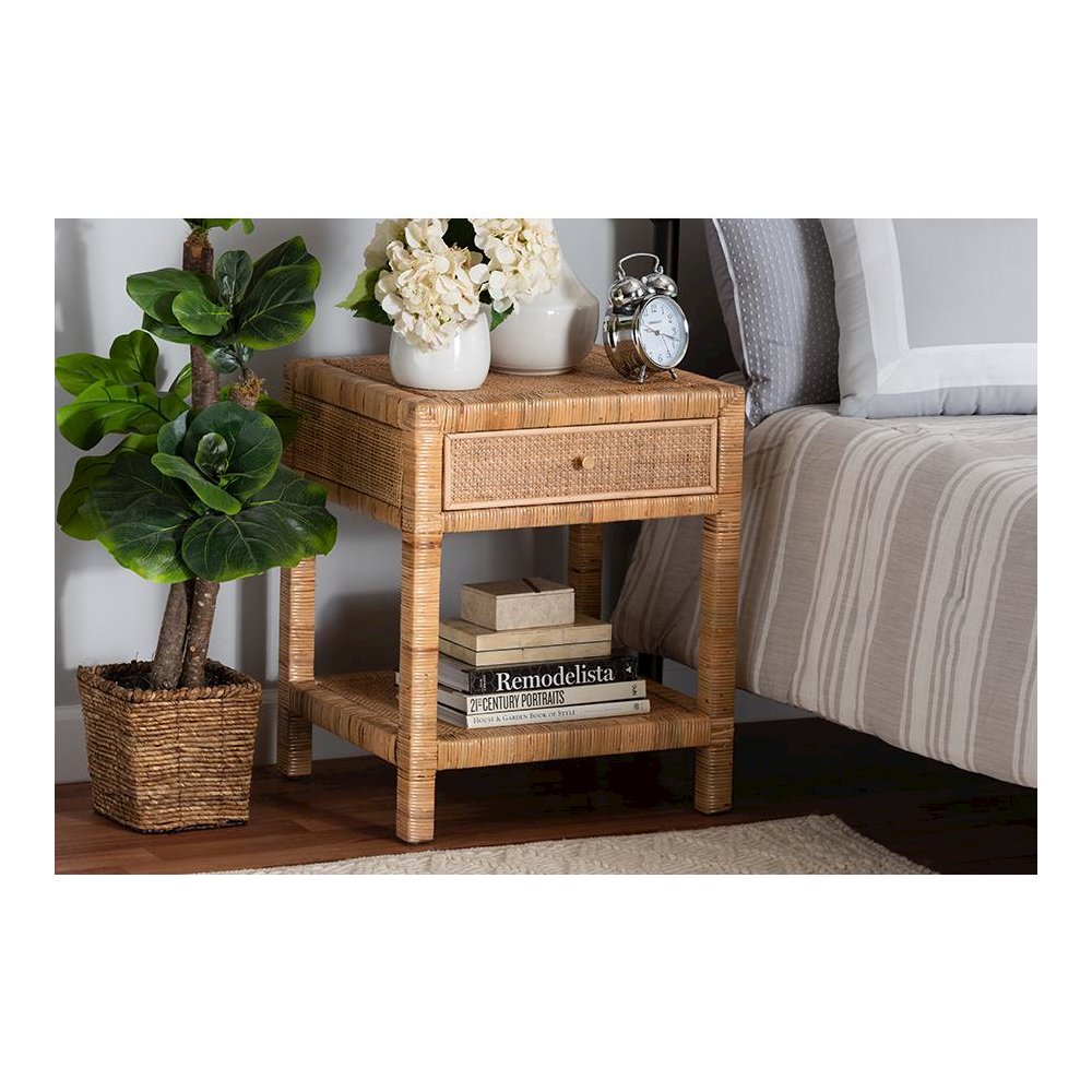 Bohemian Natural Rattan and Mahogany Wood 1-Drawer Nightstand. Picture 23
