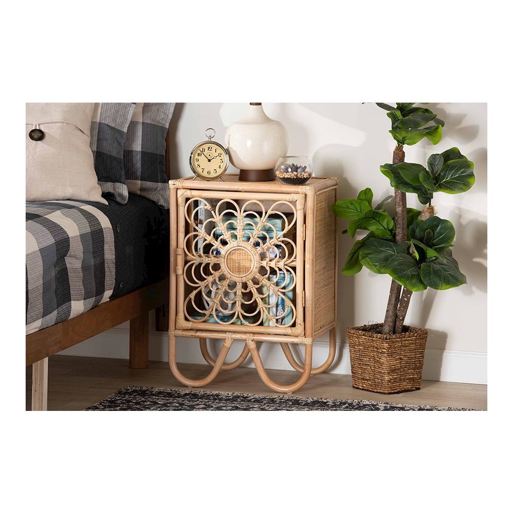 bali & pari Acelin Modern Bohemian Natural Brown Rattan Nightstand. Picture 21