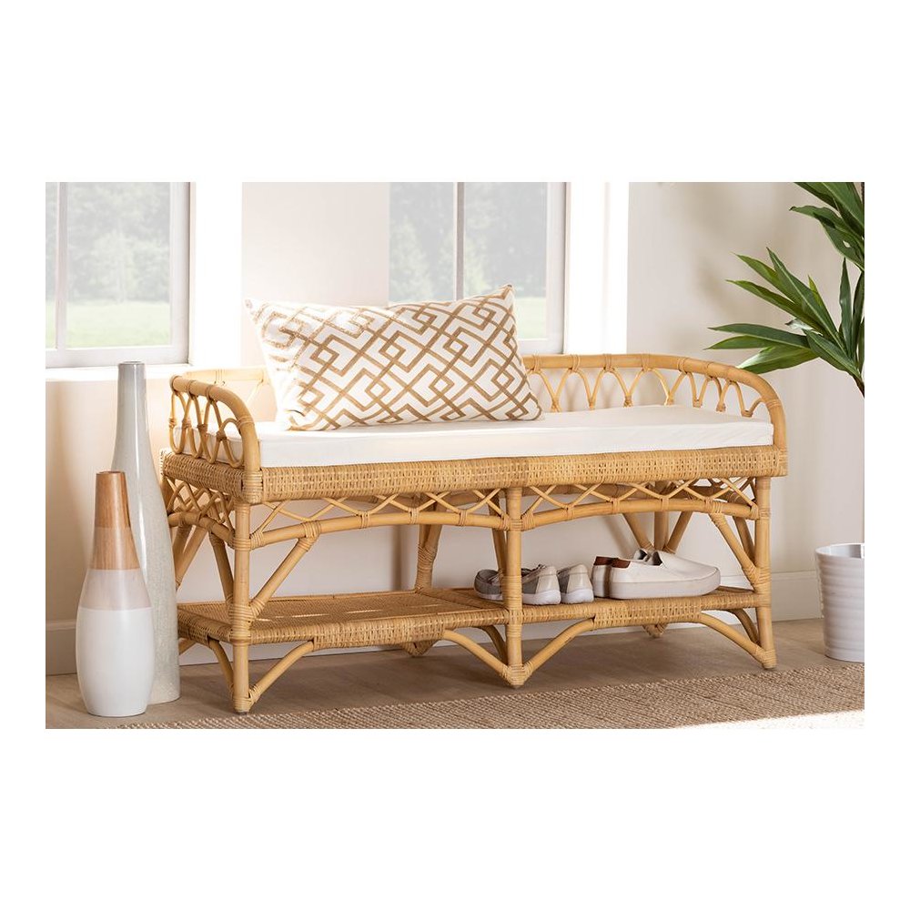 bali & pari Leryn Modern Bohemian Natural Brown Rattan Bench. Picture 21