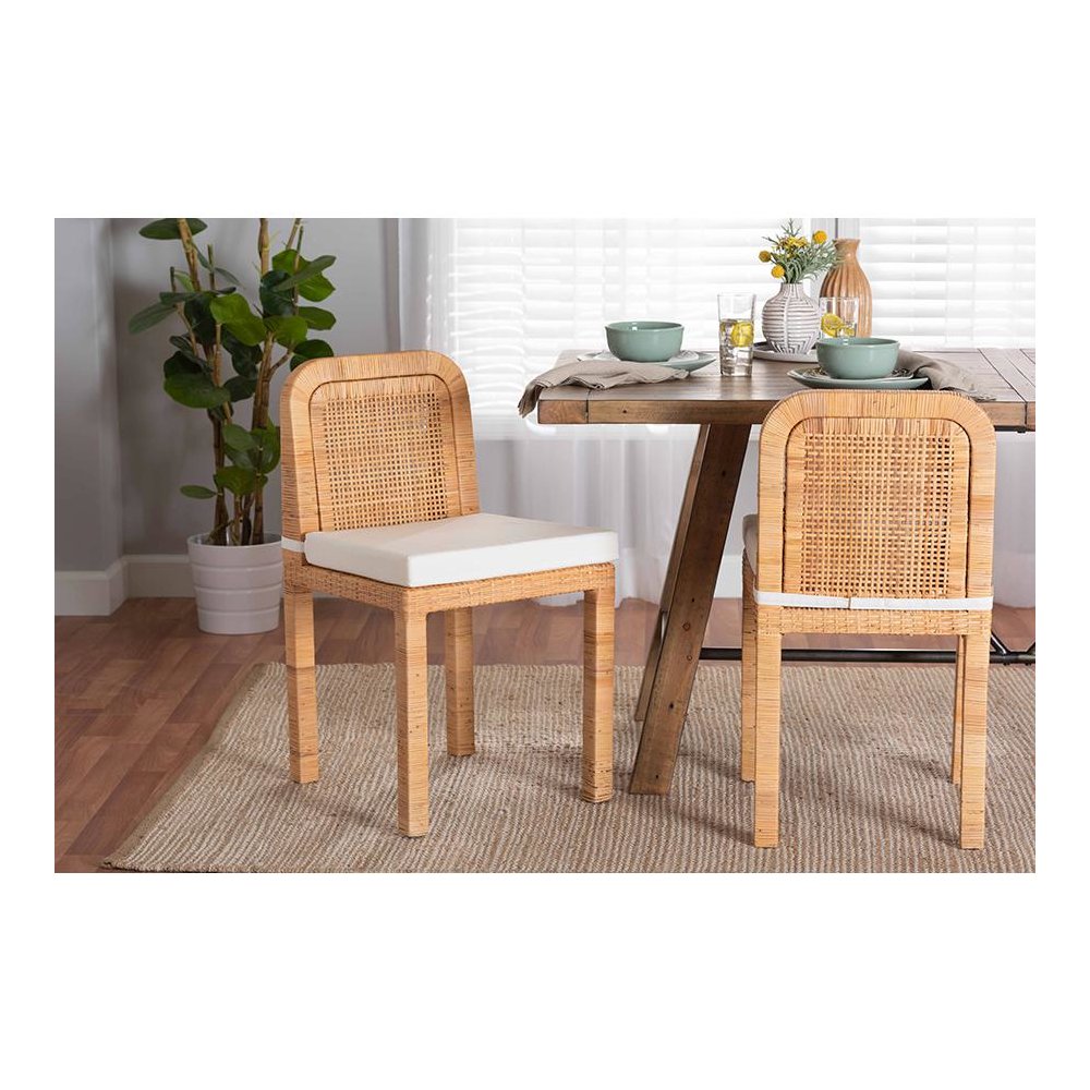 Bohemian Natural Brown Rattan and Mahogany Wood 2-Piece Dining Chair Set. Picture 19