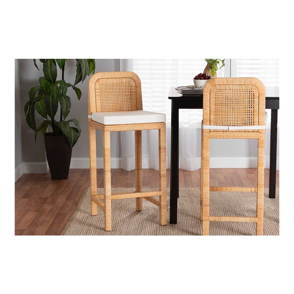Bohemian Natural Brown Rattan and Mahogany Wood Bar Stool. Picture 21