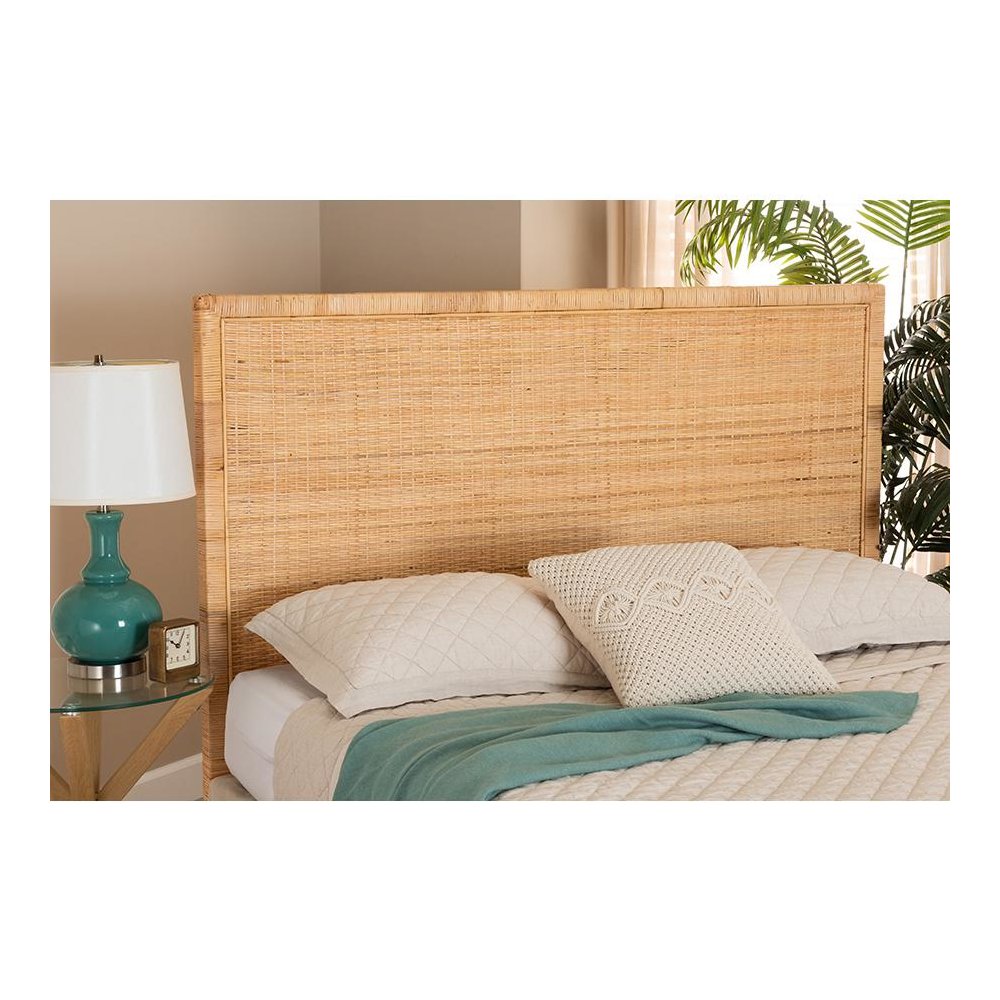 Bohemian Natural Brown Rattan and Mahogany Wood Queen Size Headboard. Picture 17