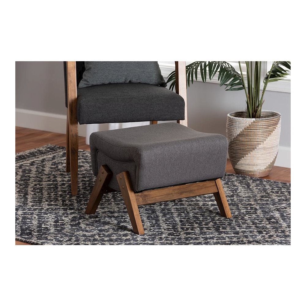 Dark Grey Fabric and Walnut Brown Finished Wood Ottoman. Picture 17