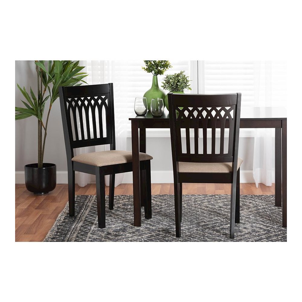 Beige Fabric and Dark Brown Finished Wood 2-Piece Dining Chair Set. Picture 19