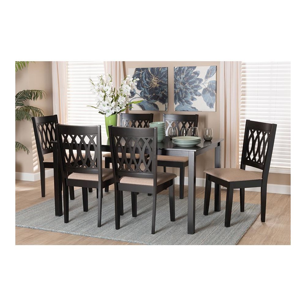 Beige Fabric and Espresso Brown Finished Wood 7-Piece Dining Set. Picture 21