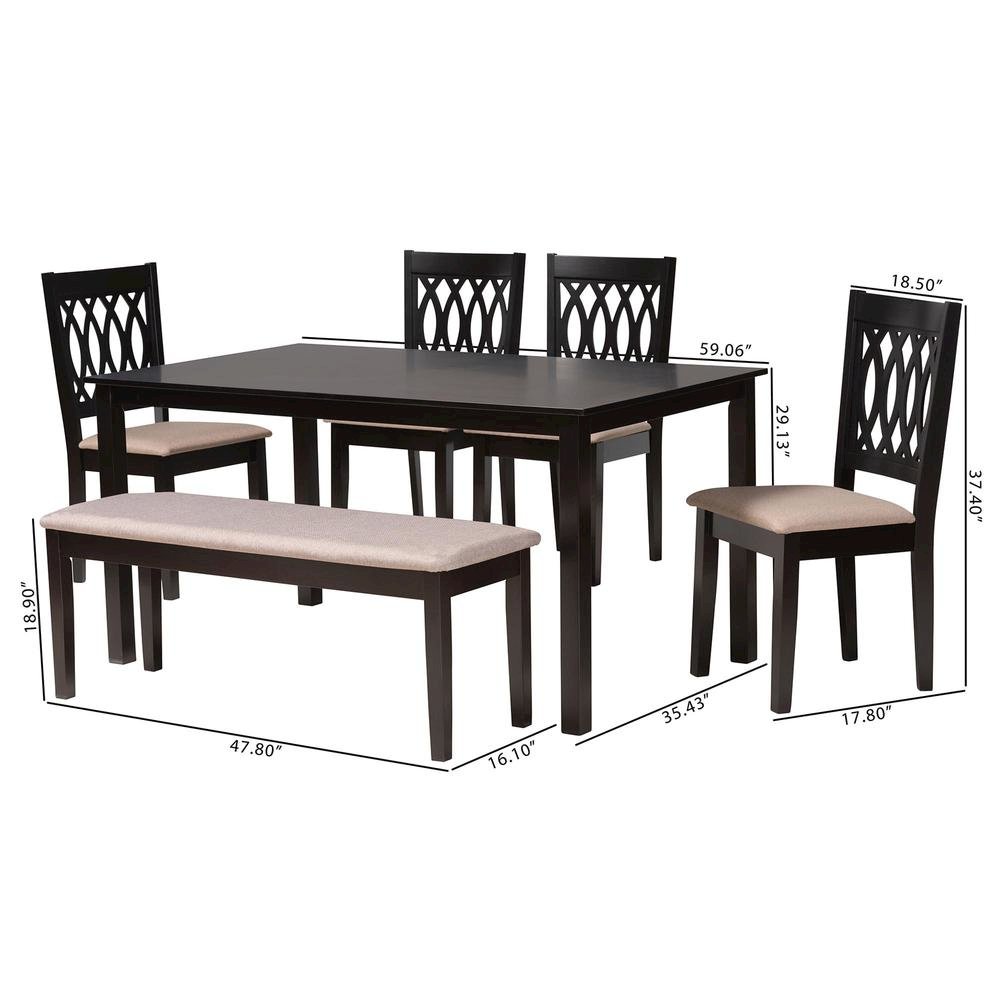 Beige Fabric and Espresso Brown Finished Wood 6-Piece Dining Set. Picture 23