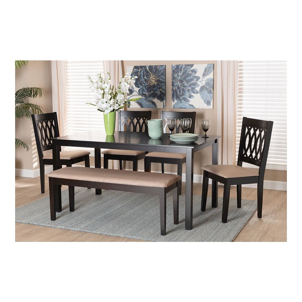 Beige Fabric and Espresso Brown Finished Wood 6-Piece Dining Set. Picture 24
