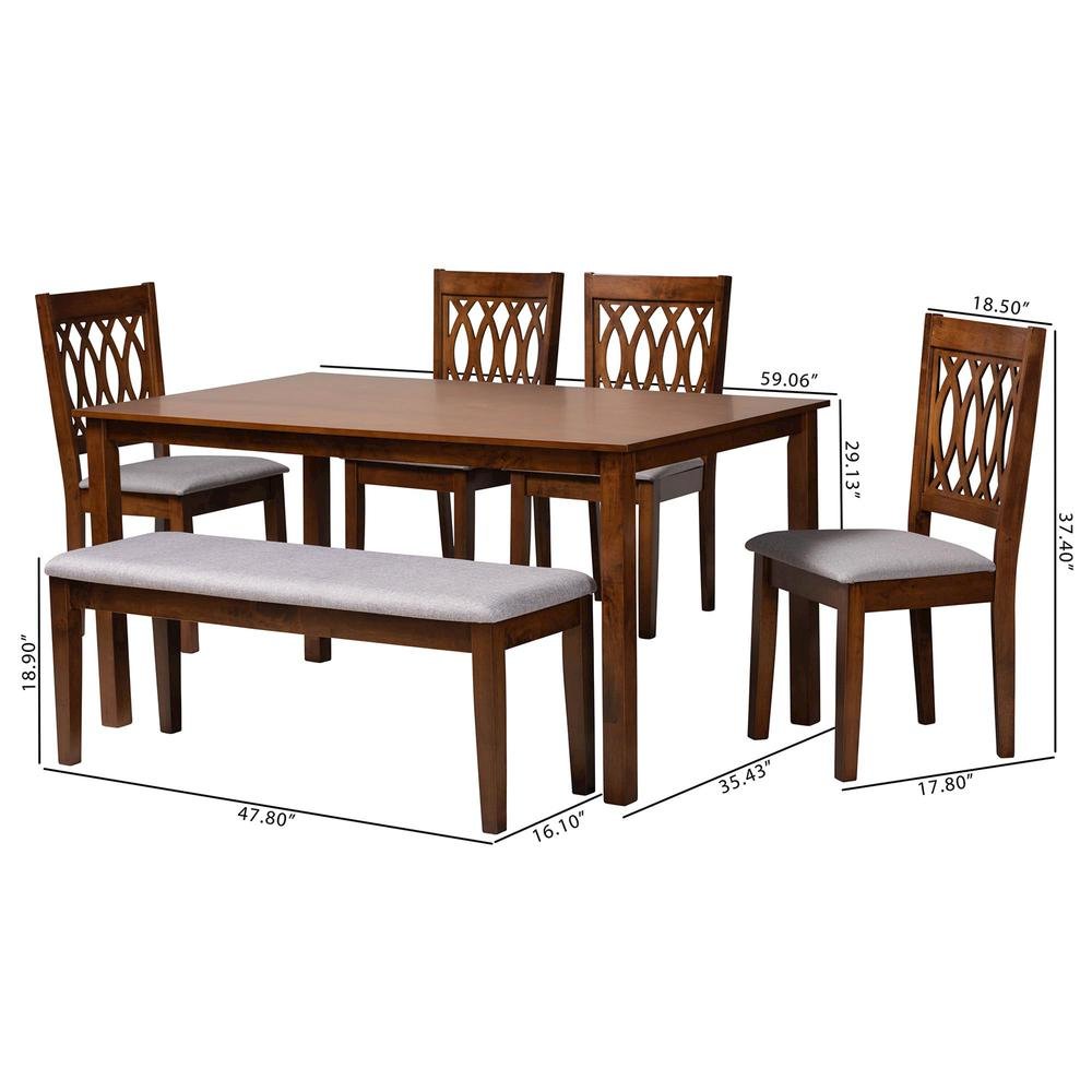 Florencia Modern Grey Fabric and Walnut Brown Finished Wood 6-Piece Dining Set. Picture 23
