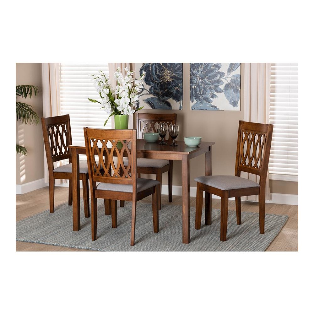 Florencia Modern Grey Fabric and Walnut Brown Finished Wood 5-Piece Dining Set. Picture 21