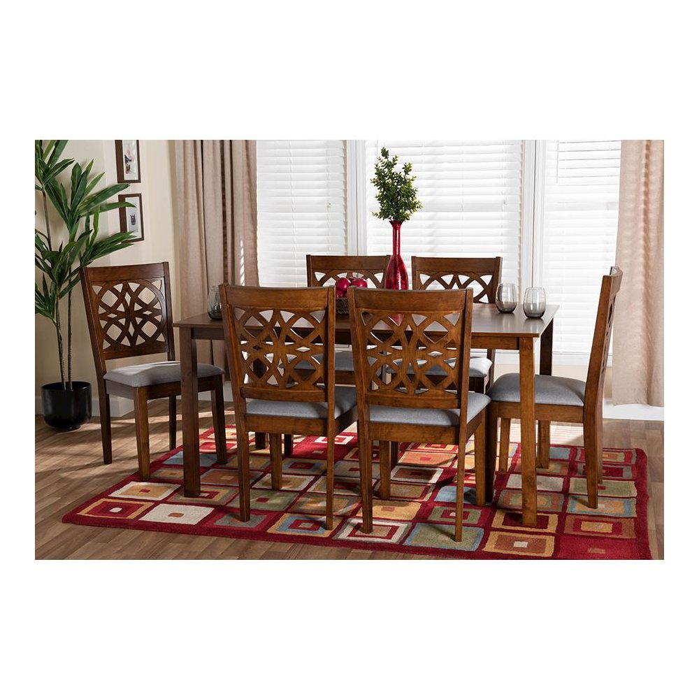Abigail Modern Grey Fabric and Walnut Brown Finished Wood 7-Piece Dining Set. Picture 21
