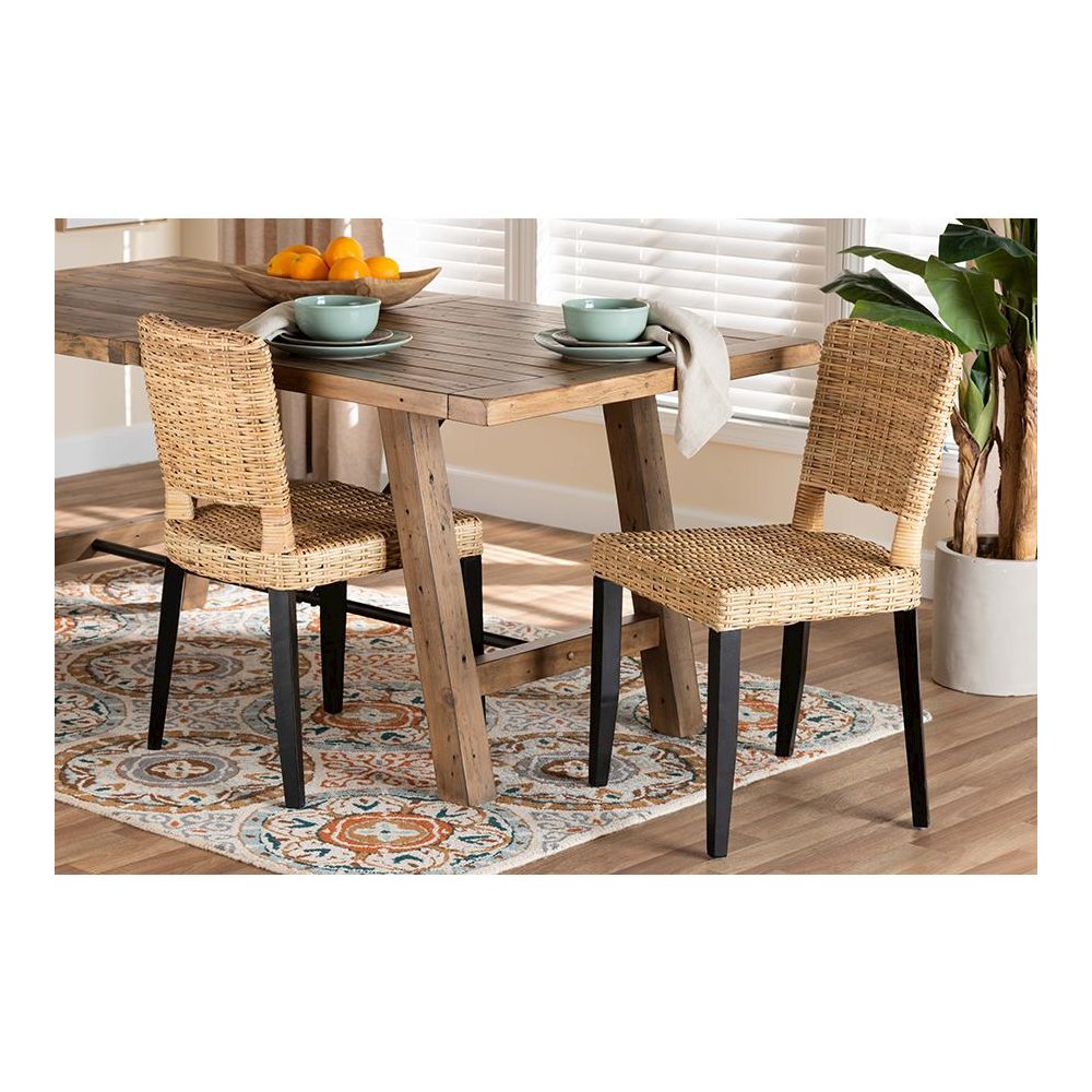 Bohemian Dark Brown Finished Wood and Natural Rattan 2-Piece Dining Chair Set. Picture 19