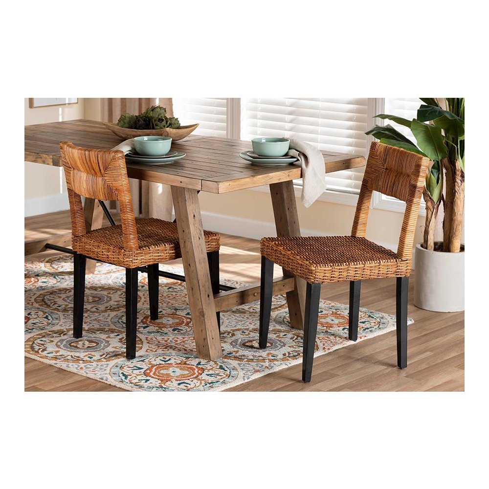 Bohemian Dark Brown Finished Wood and Natural Rattan 2-Piece Dining Chair Set. Picture 19