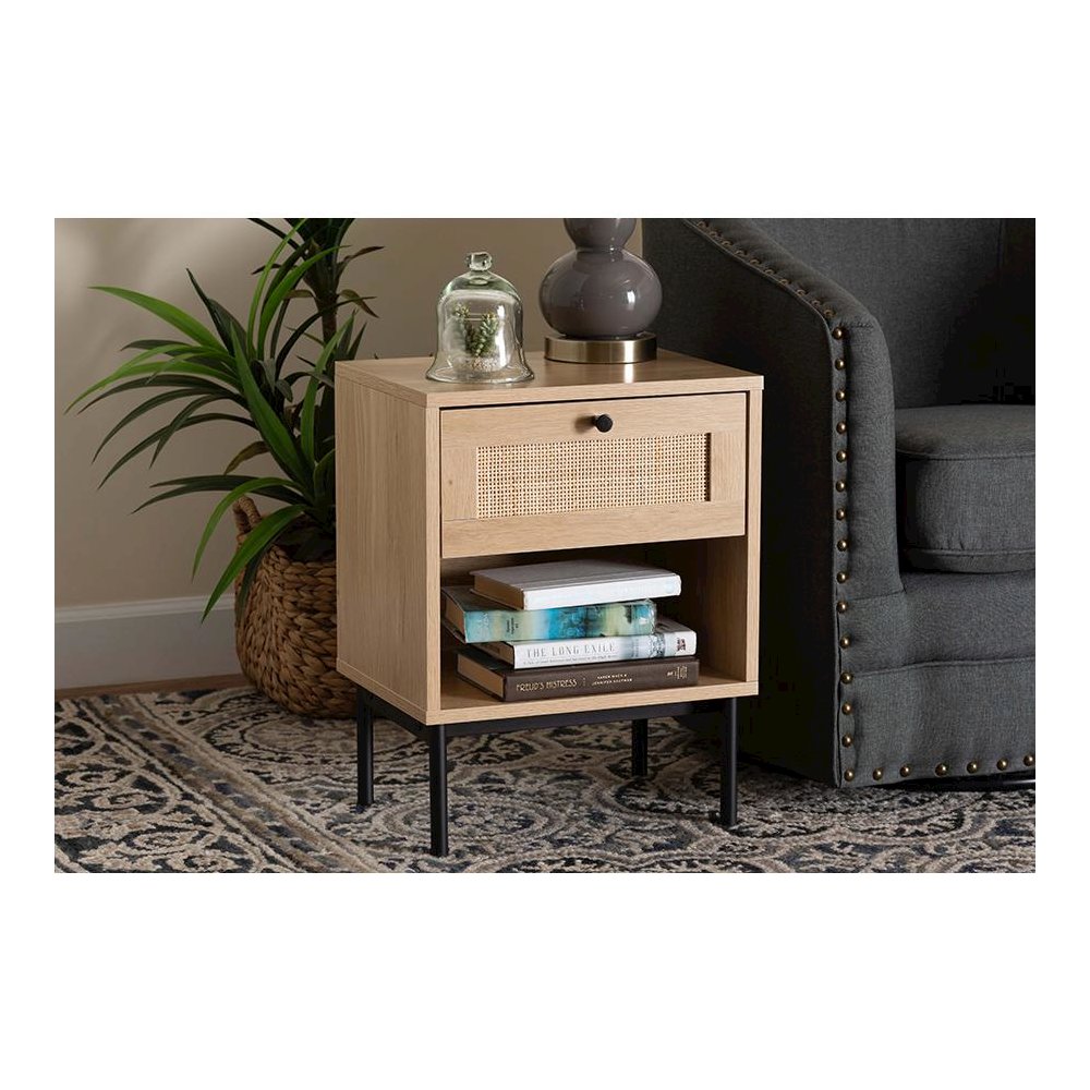 Light Brown and Black 1-Drawer End Table with Woven Rattan Accent. Picture 21