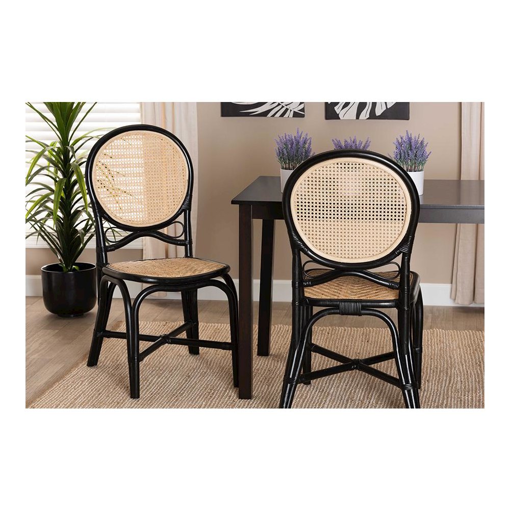 Two-Tone Black and Natural Brown Rattan Dining Chair. Picture 21