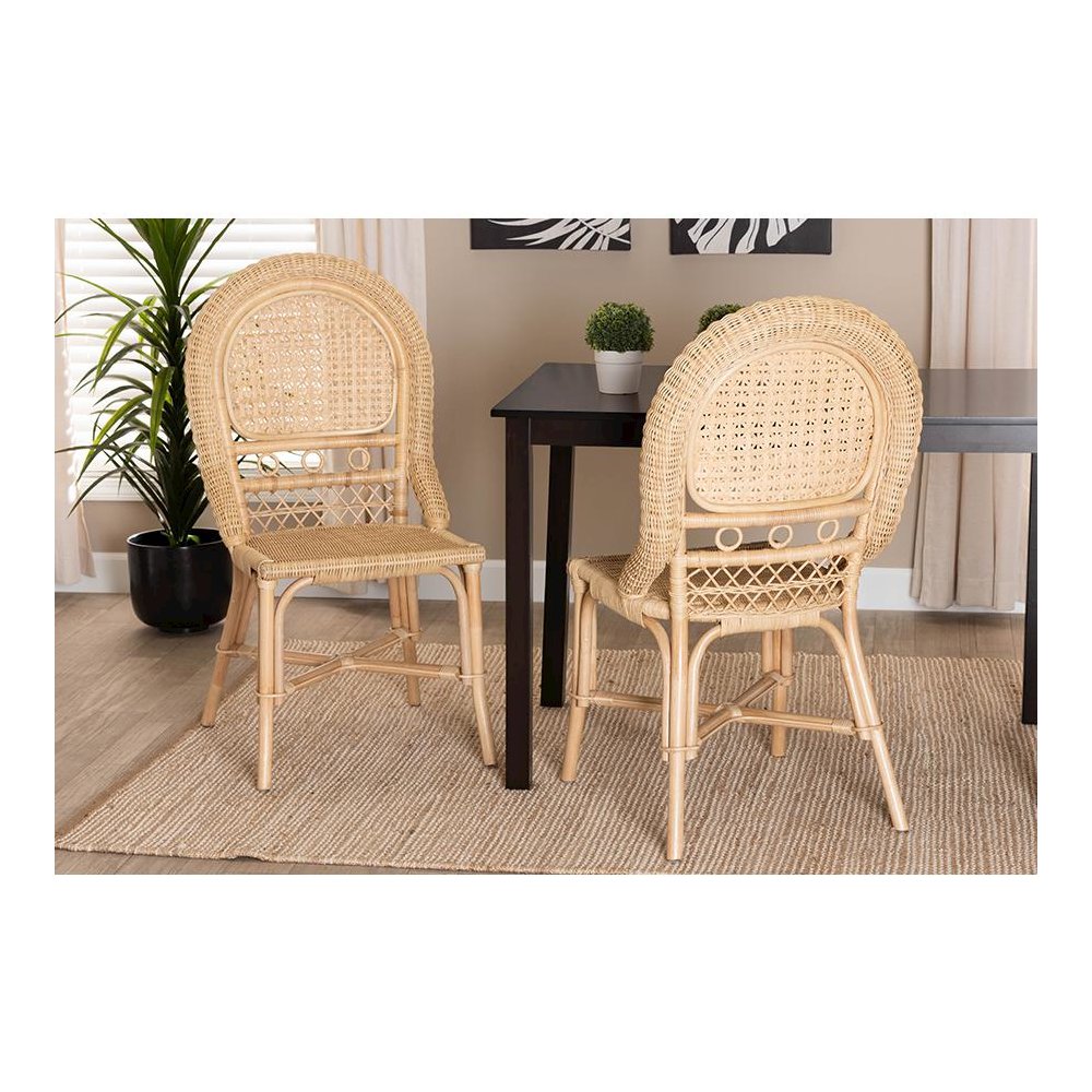 bali & pari Jelita Modern Bohemian Natural Brown Rattan 2-Piece Dining Chair Set. Picture 19