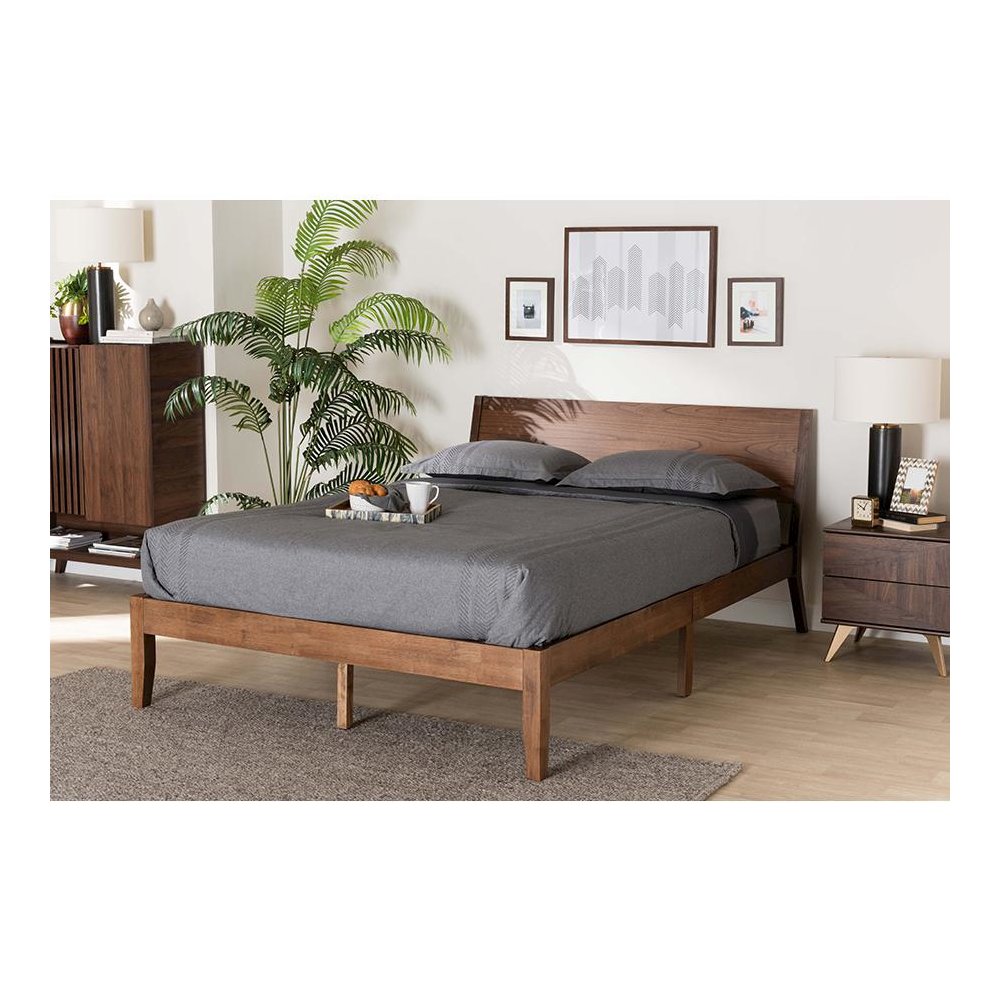 Salvatore Mid-Century Modern Walnut Brown Finished Wood Queen Size Platform Bed. Picture 21