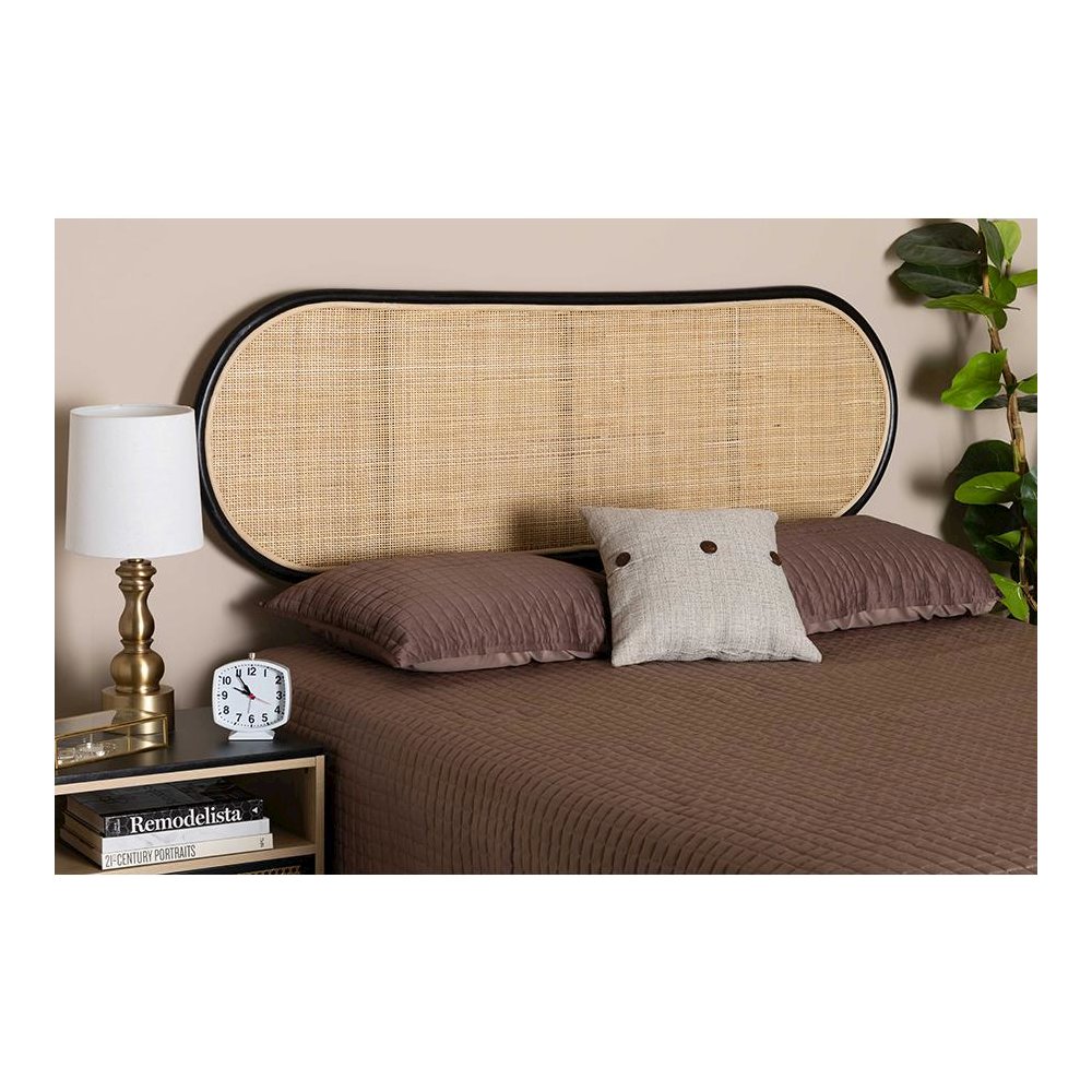 Bohemian Two-Tone Black and Natural Brown Rattan Queen Size Standalone Headboard. Picture 17