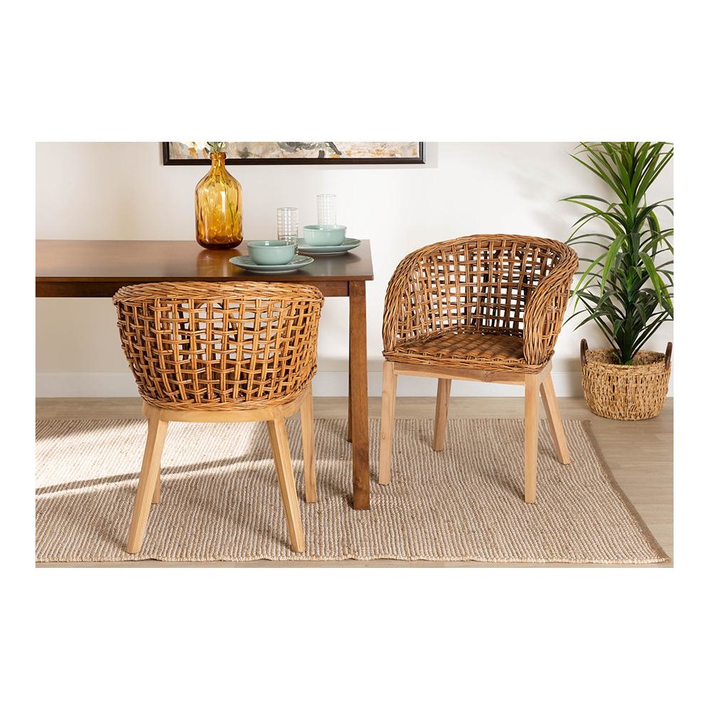 Bohemian Natural Brown Finished Teak Wood and Rattan 2-Piece Dining Chair Set. Picture 19