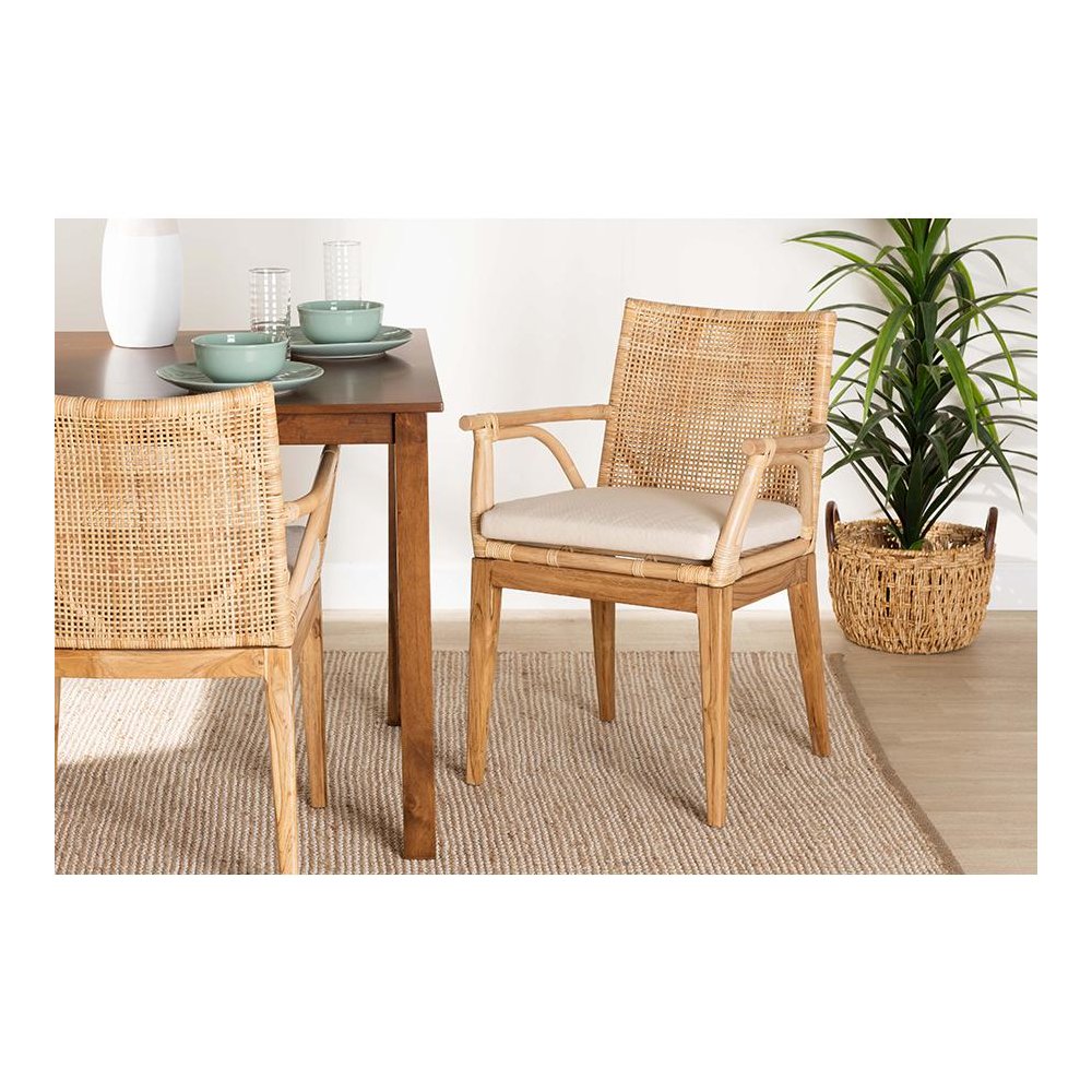 Bohemian Natural Brown Finished Teak Wood and Rattan 2-Piece Dining Chair Set. Picture 21