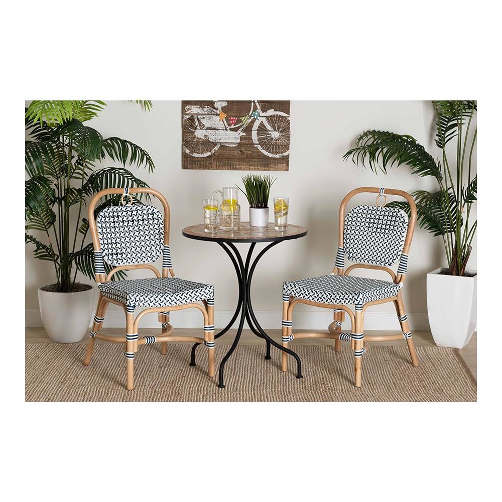 French Blue and White Weaving Natural Rattan Bistro Chair. Picture 20