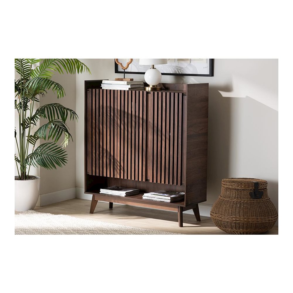 Baxton Studio Delaire Mid-Century Modern Walnut Brown Finished Wood Shoe Cabinet. Picture 23