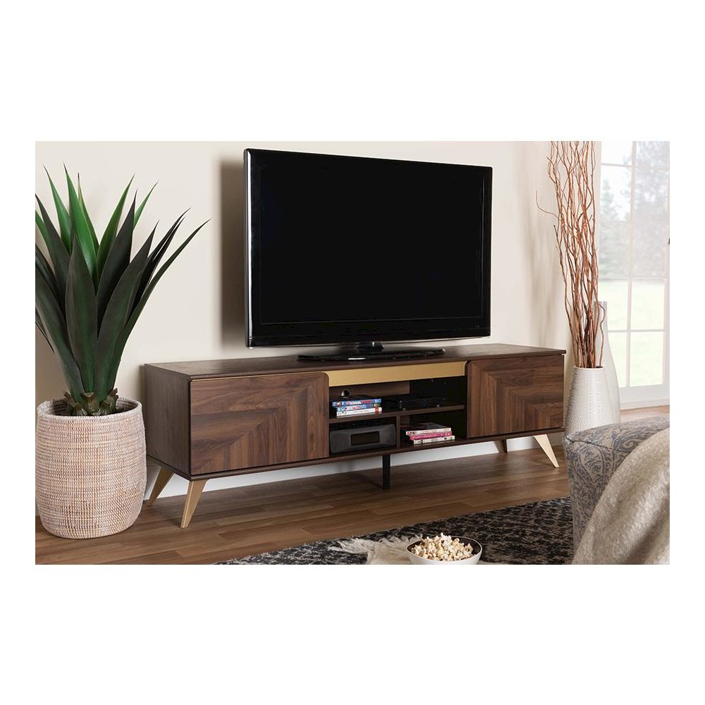 Transitional Walnut Brown Finished Wood 2-Door TV Stand. Picture 21