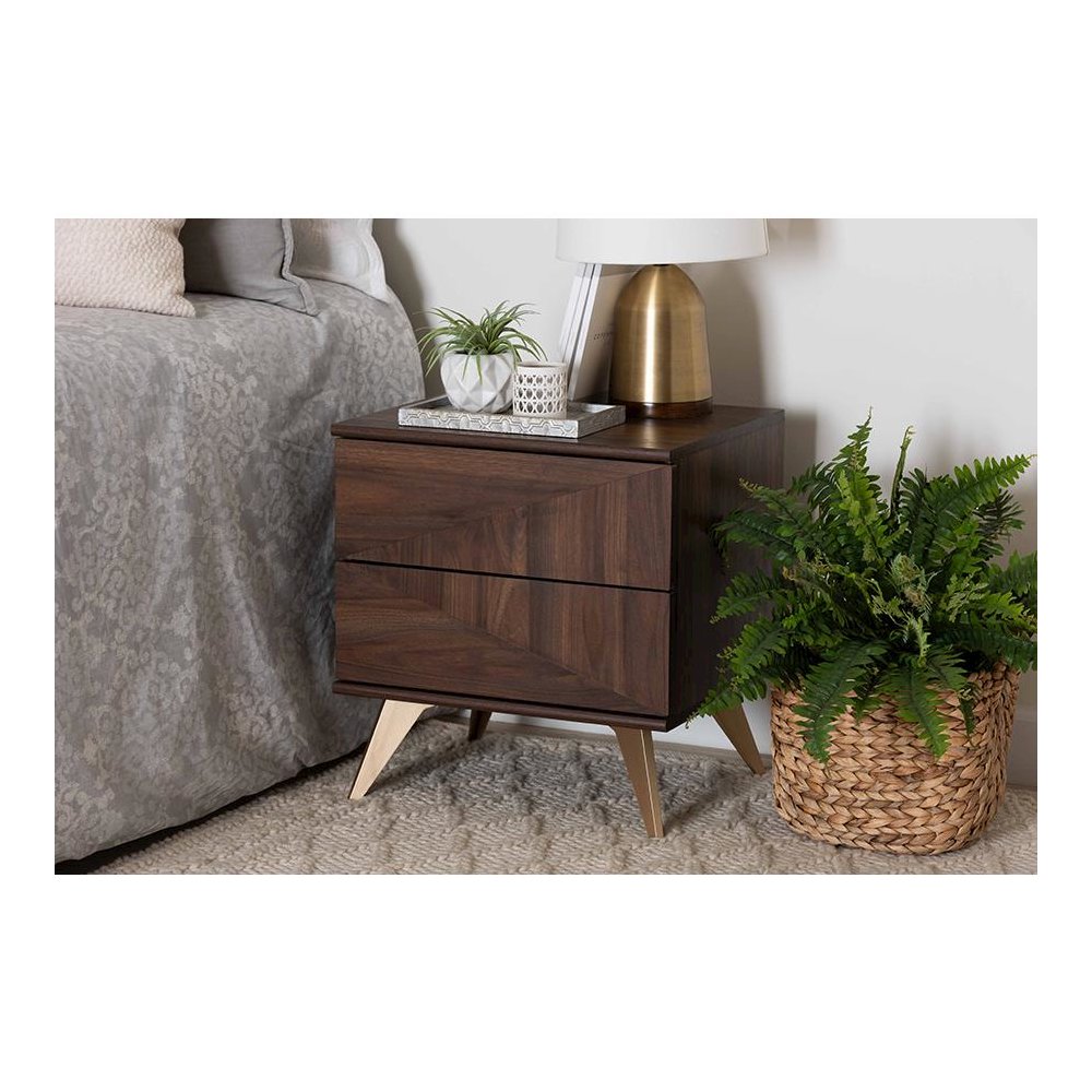 Transitional Walnut Brown Finished Wood 2-Drawer Nightstand. Picture 21