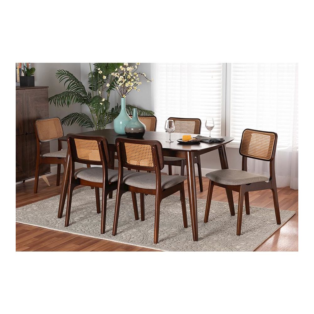 Grey Fabric and Walnut Brown Finished Wood 7-Piece Dining Set. Picture 21
